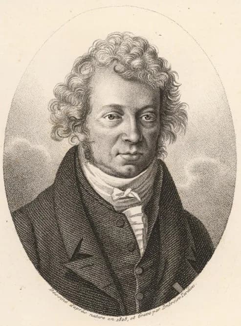 Oval engraved portrait of a man with a mass of curly hair, wearing a dark coat and white cravat.
