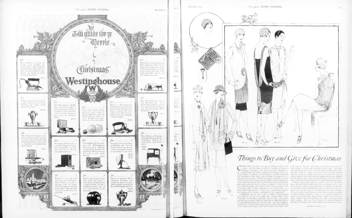 Two vintage magazine pages: left, an ornate Westinghouse Christmas gift guide illustrated with small appliance drawings; right, fashion illustrations of women captioned Things to Buy and Give for Christmas.