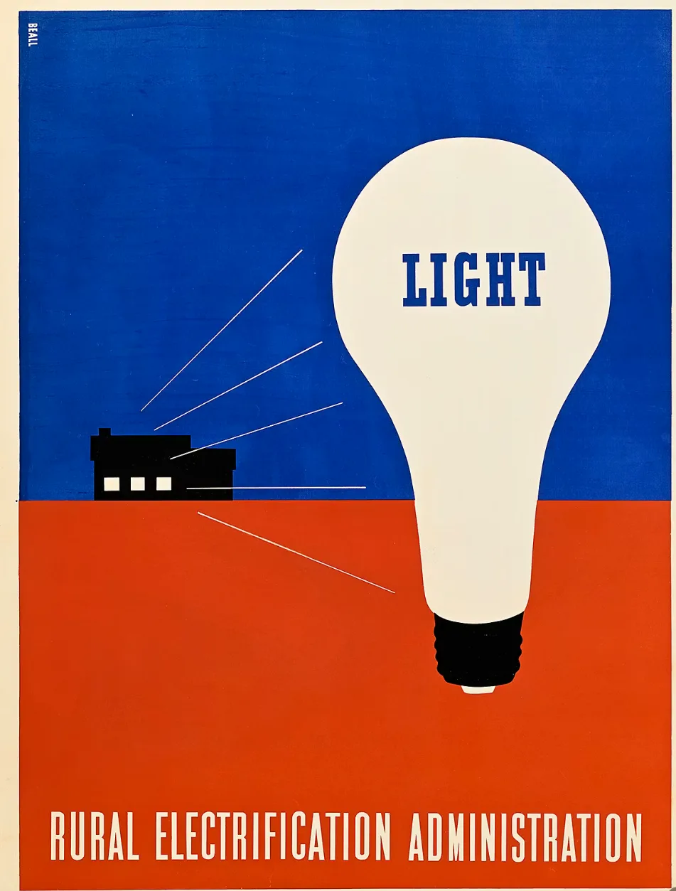 A blue and red poster with a large light bulb reading 'LIGHT' beaming rays toward a small house, captioned 'Rural Electrification Administration.'