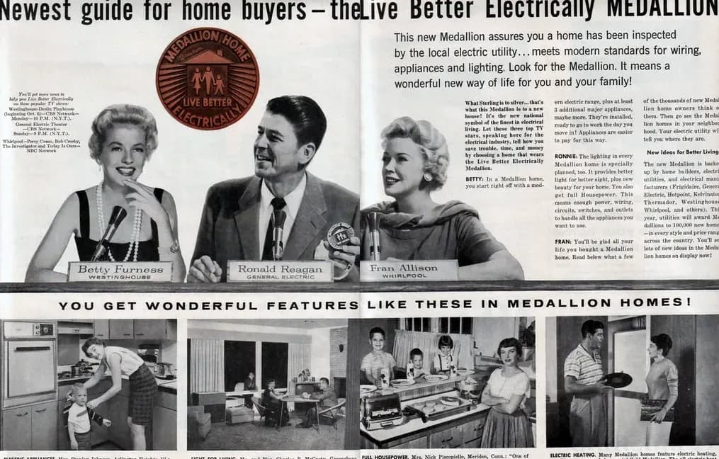 A magazine advertisement headlined 'Newest guide for home buyers - the Live Better Electrically MEDALLION' showing photos of Betty Furness, Ronald Reagan and Fran Allison alongside electric kitchen appliance photos.