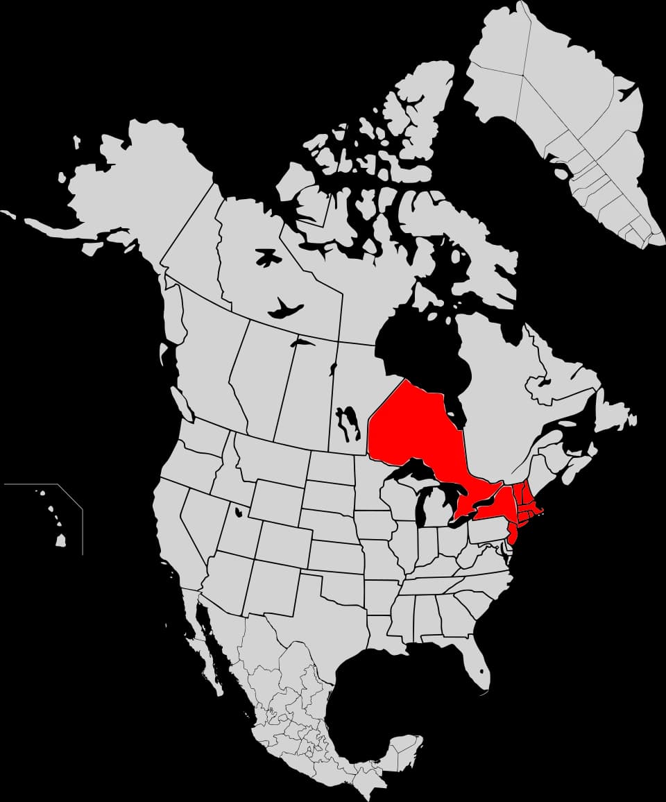 A map of North America showing a large red highlighted region covering the northeastern United States and Ontario, Canada, with the rest of the map in grey.