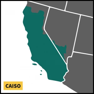 Map of the western United States with California and part of Nevada highlighted in teal and labeled CAISO.