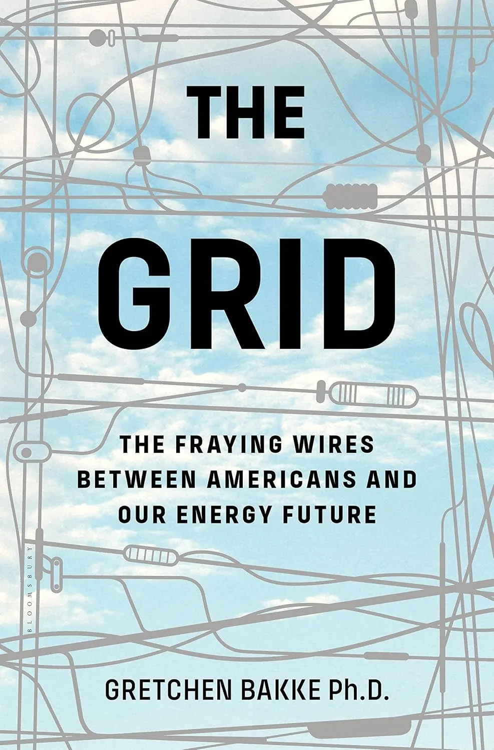 Book cover for The Grid: The Fraying Wires Between Americans and Our Energy Future by Gretchen Bakke, Ph.D., with a wire and light bulb illustration over a cloudy sky.